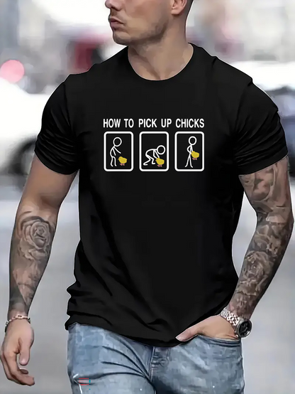 Men's Graphic T-Shirt How To Pick Up Chicks Simple Stick Figures And Cartoon Chicken