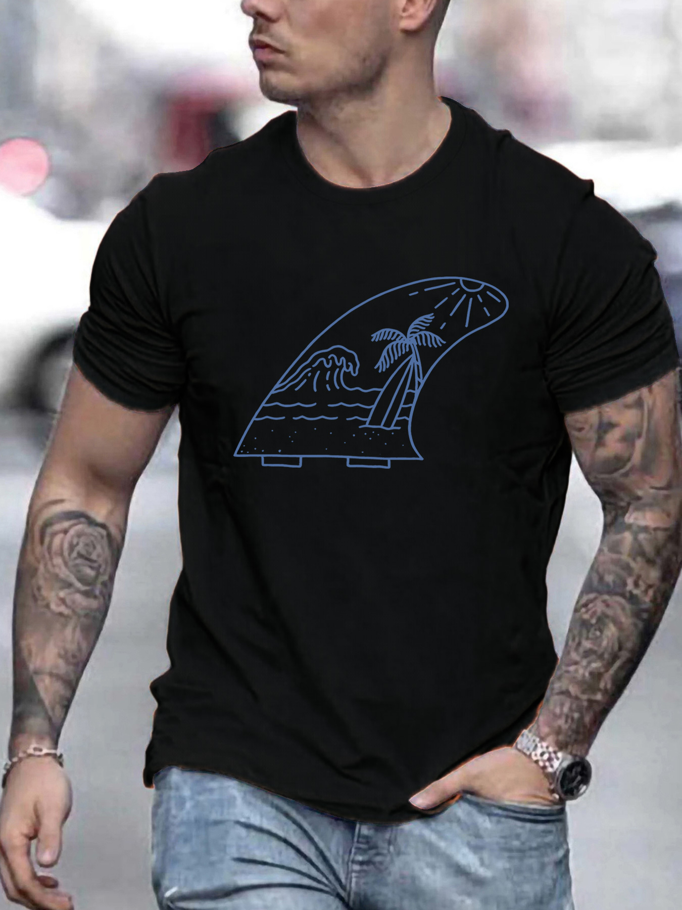 Men's Graphic T-Shirt Nighttime Island Palms With Lines And Surfboard Wave