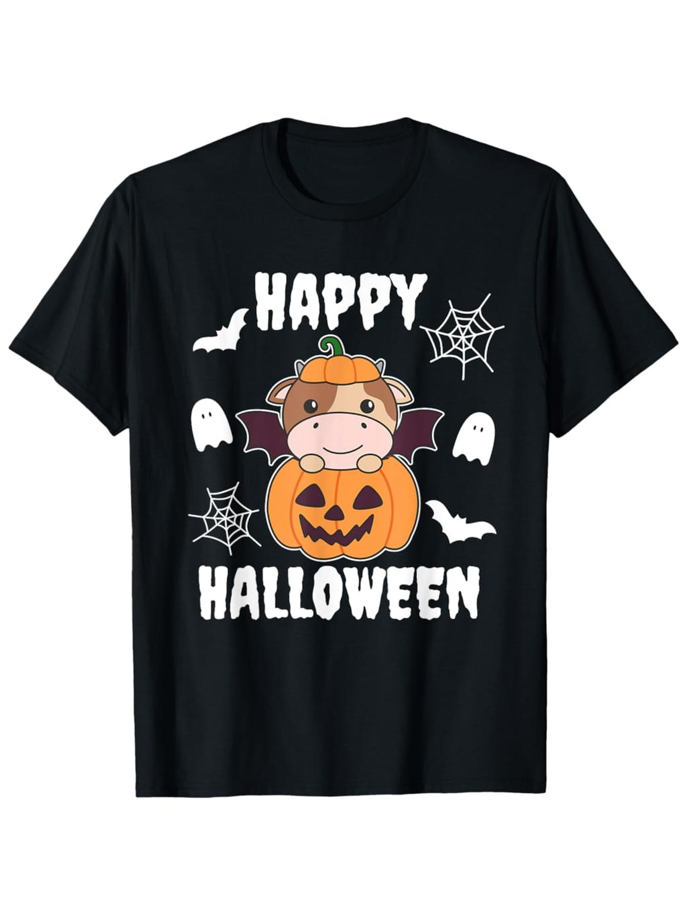 Men's Graphic T-Shirt Happy Halloween Cute Cow In Pumpkin Surrounded By Ghosts And Spider Webs