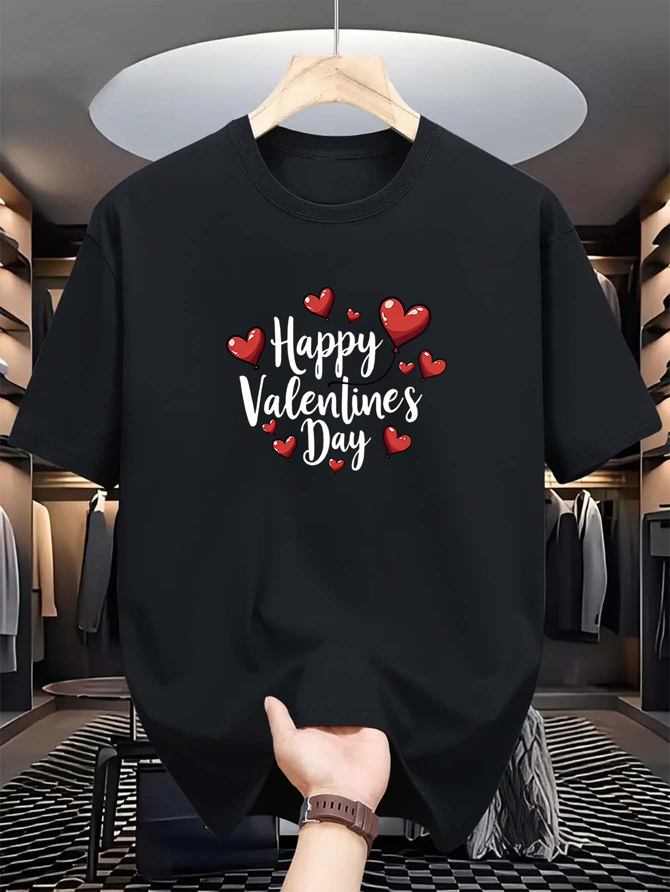 Men's Graphic T-Shirt Happy Valentines Day Floating Hearts With Whimsical Romantic Black T Shirt