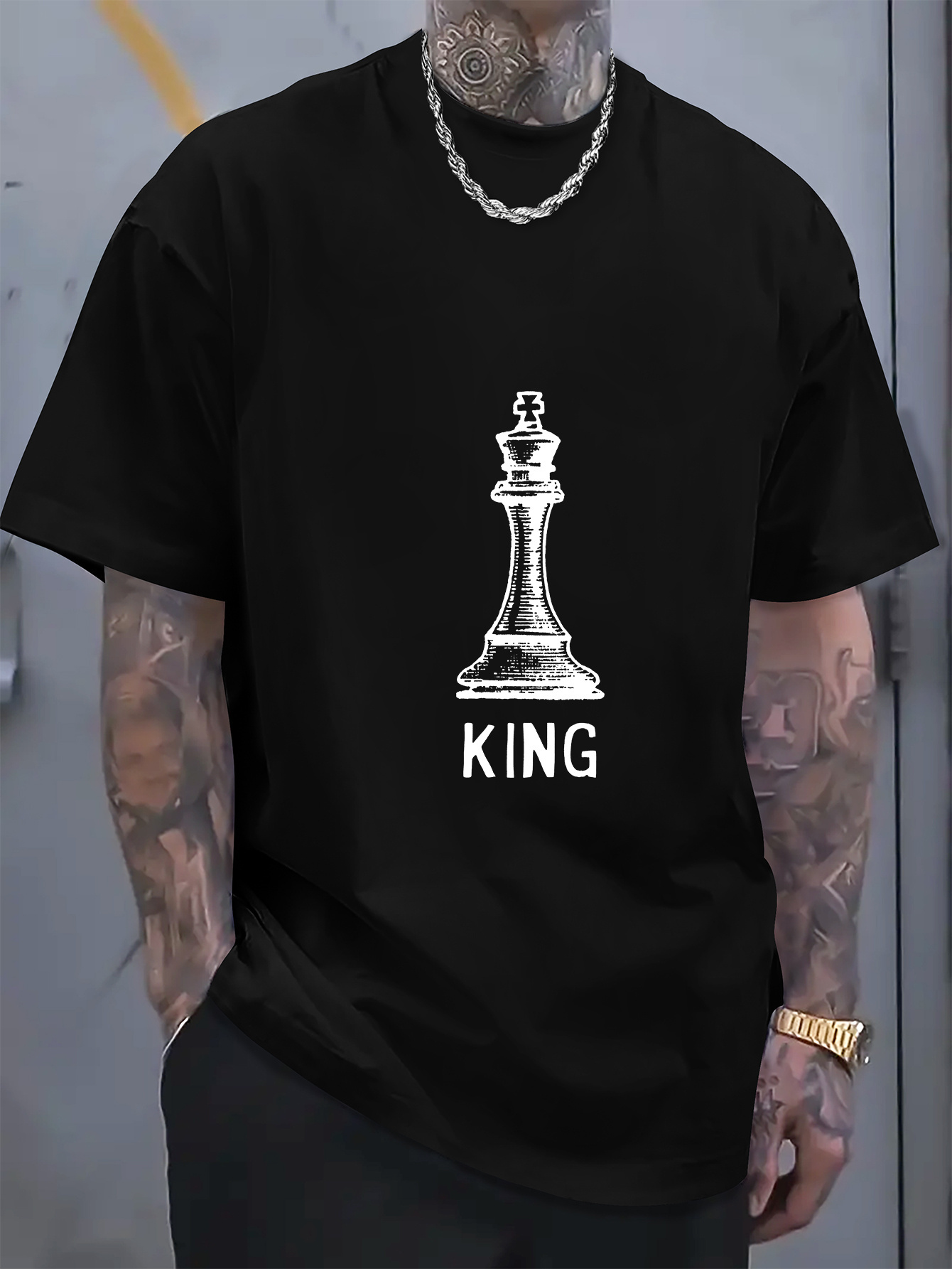 Men's Graphic T-Shirt Monochrome Chess Piece With Bold Letters KING