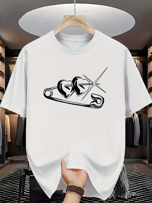 Men's Graphic T-Shirt Abstract Safety Pin With Overlapping Shaded Heart Motif Design