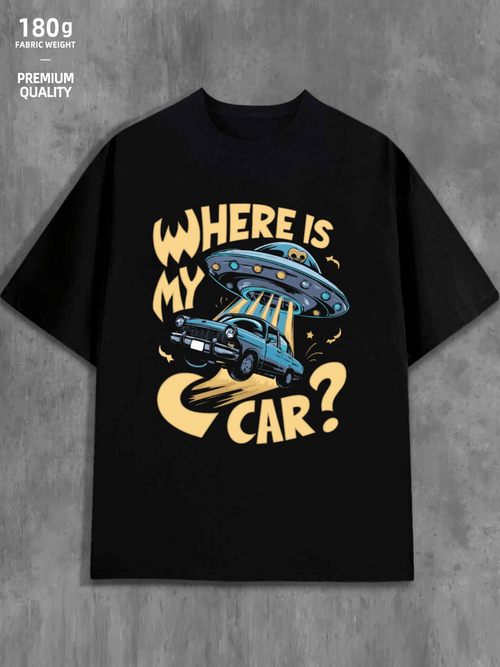 Men's Graphic T-Shirt Where Is My Car Playful Cartoon UFO Abducting Classic Sedan Under Night Sky