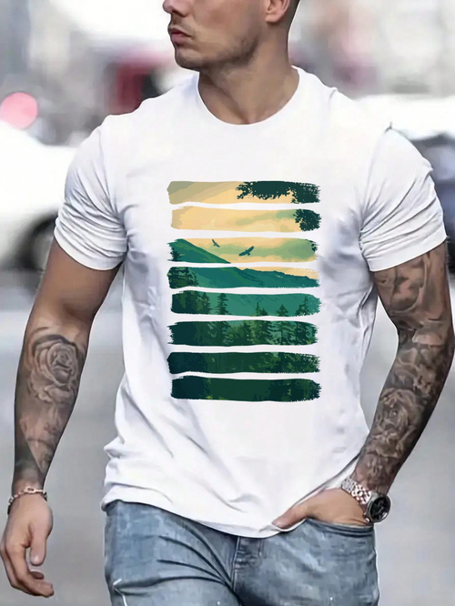 Men's Graphic T-Shirt Abstract Green Sunrise Landscape With Silhouetted Birds Across Brushstroke Stripes