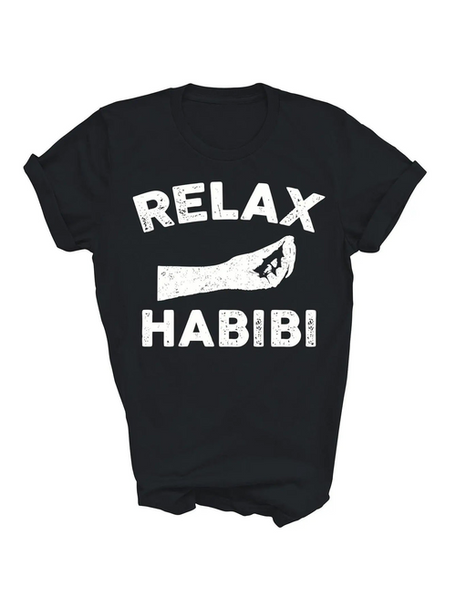 Men's Graphic T-Shirt Relax Habibi With Relaxed Outstretched Hand On Black T Shirt