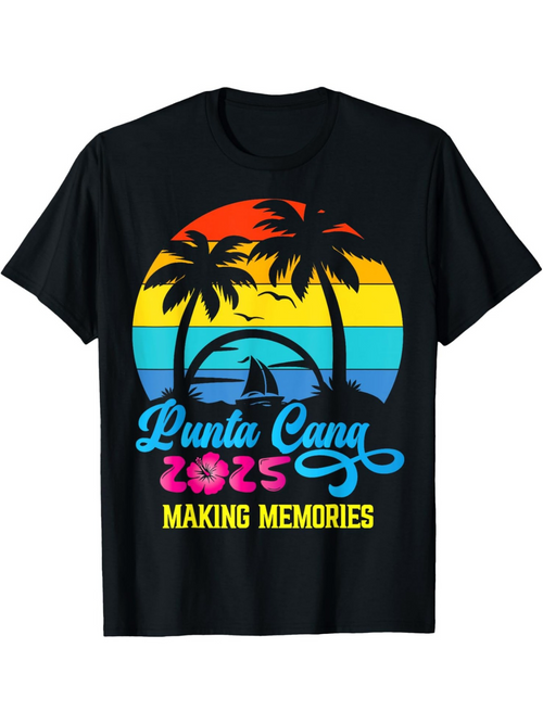 Men's Graphic T-Shirt Punta Cana 2025 Making Memories Vibrant Sunset Beach With Silhouetted Palm Trees