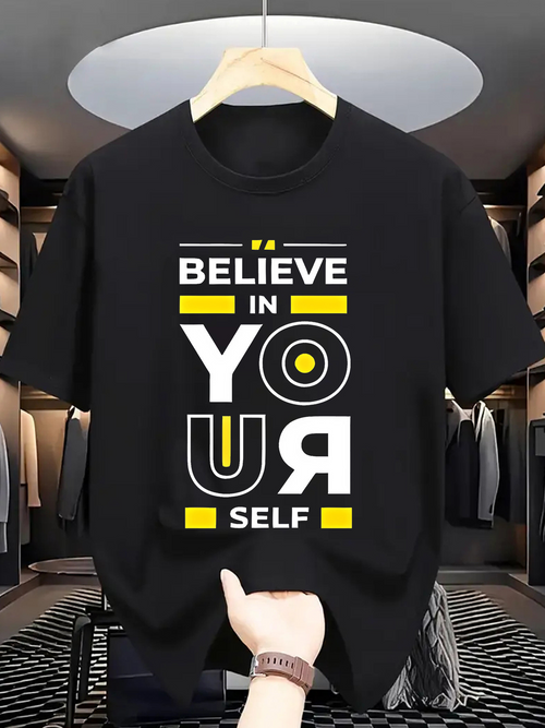 Men's Graphic T-Shirt Believe In Yourself Minimalist Bold Lettering With Yellow Geometric Accents T Shirt
