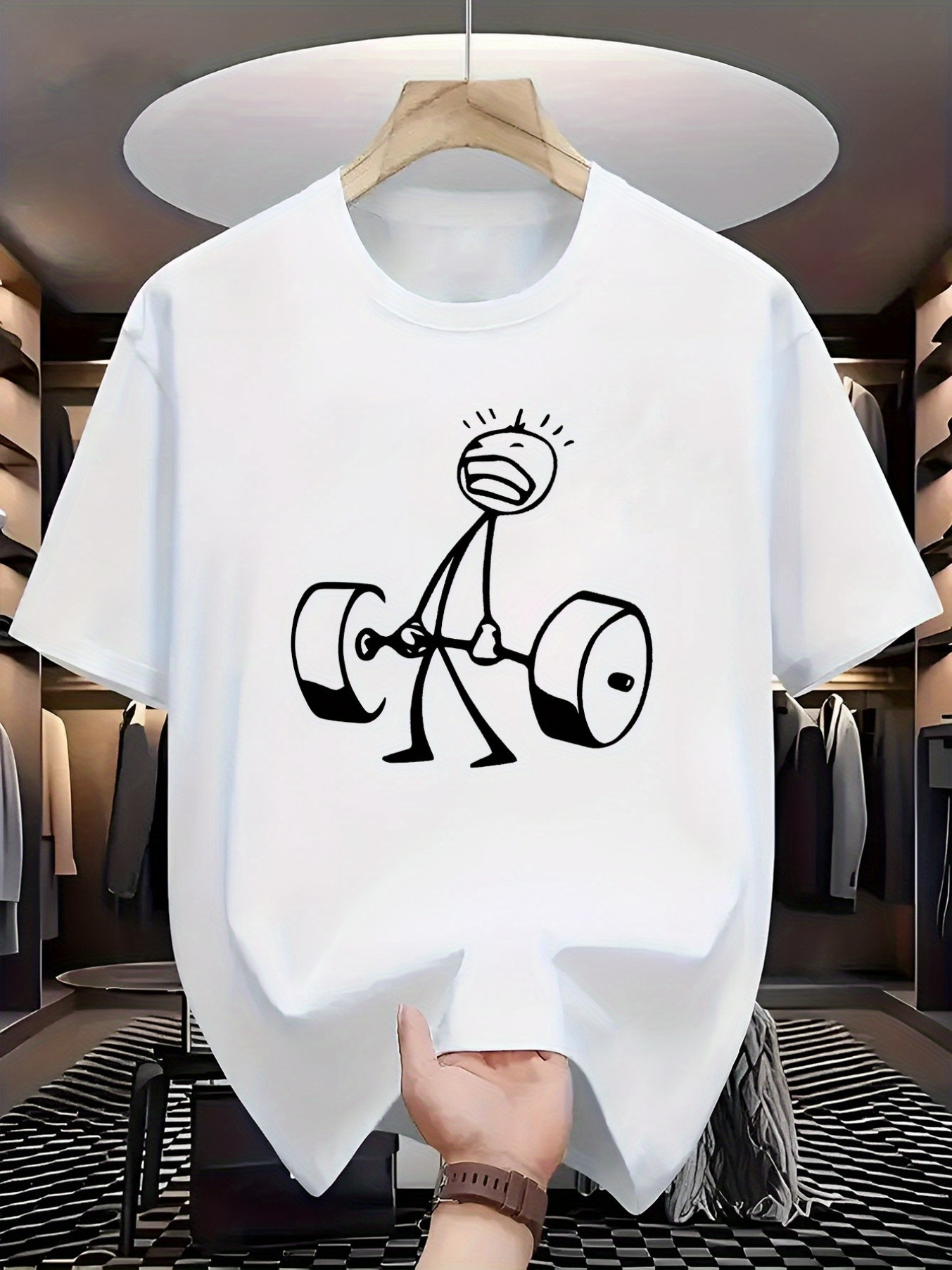 Men's Graphic T-Shirt Funny Cartoon Figure Lifting Heavy Barbell In Dynamic Motion