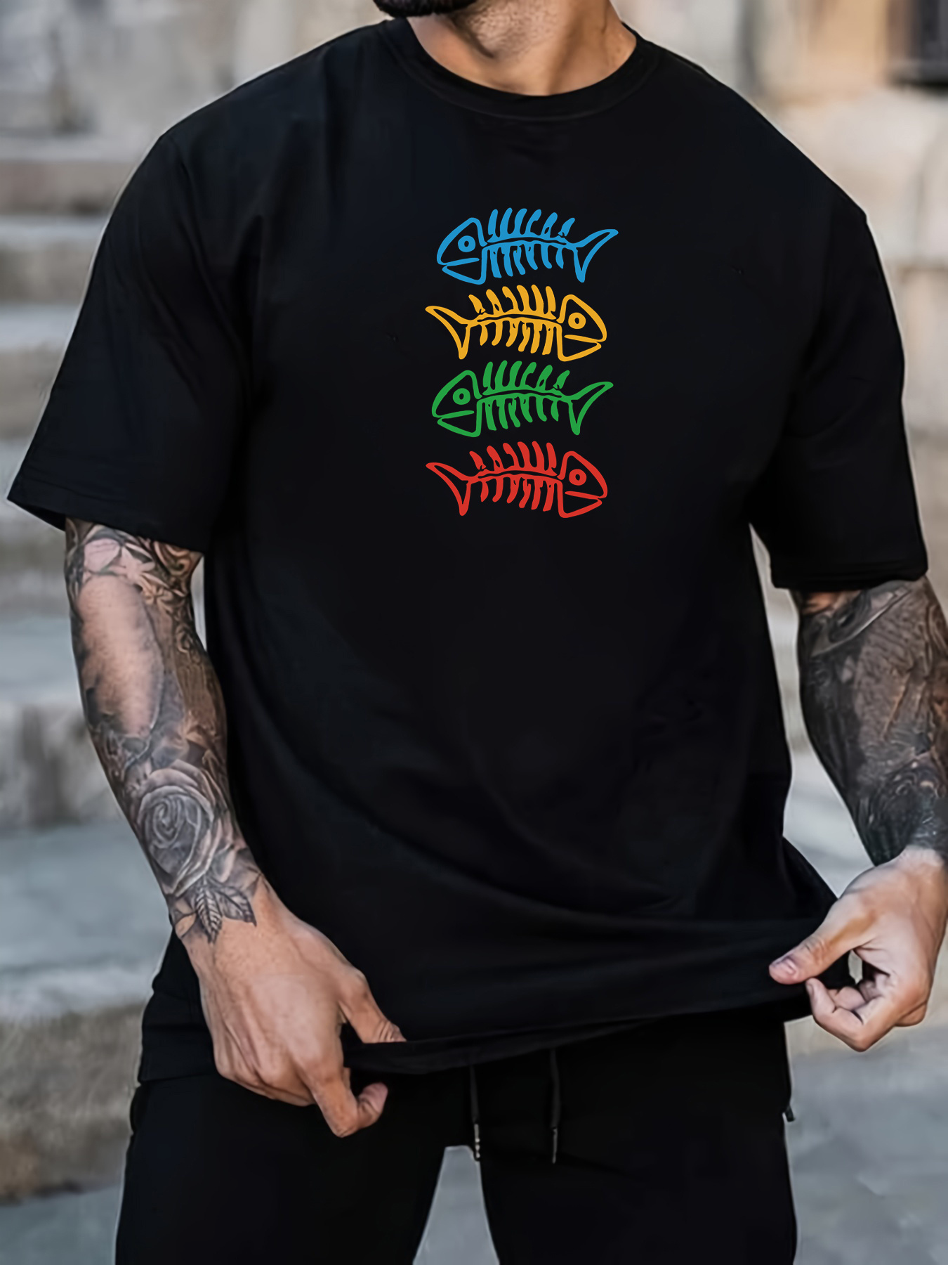 Men's Graphic T-Shirt Colorful Skeleton Fish Stacked In Vertical Row On Black Shirt