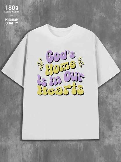 Men's Graphic T-Shirt Gods Home Is In Our Hearts With Pastel Puffy Lettering On White Cotton T Shirt