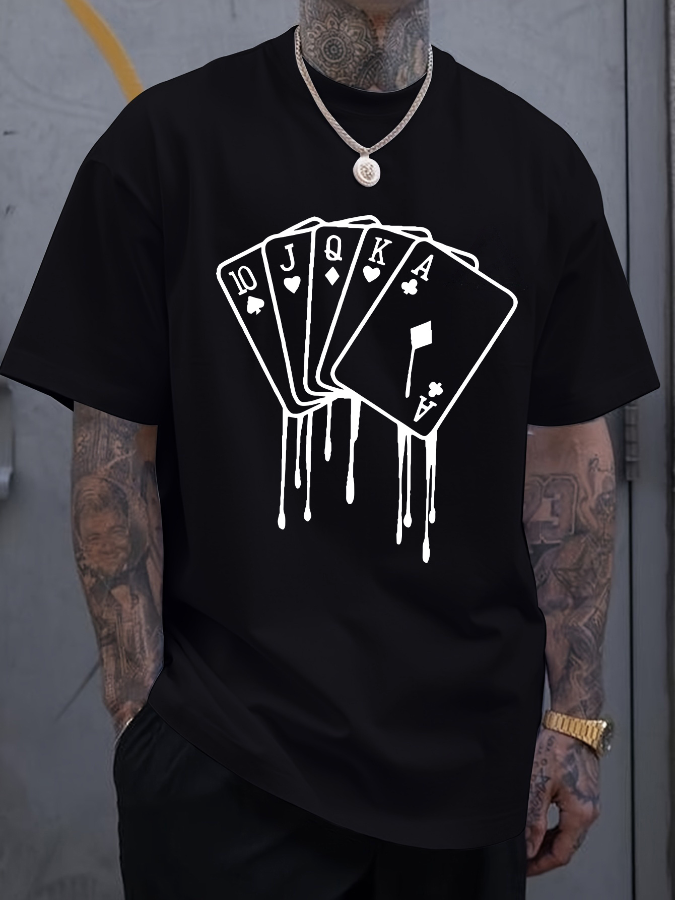 Men's Graphic T-Shirt Dripping White Painted Effect With Playing Poker Cards Design
