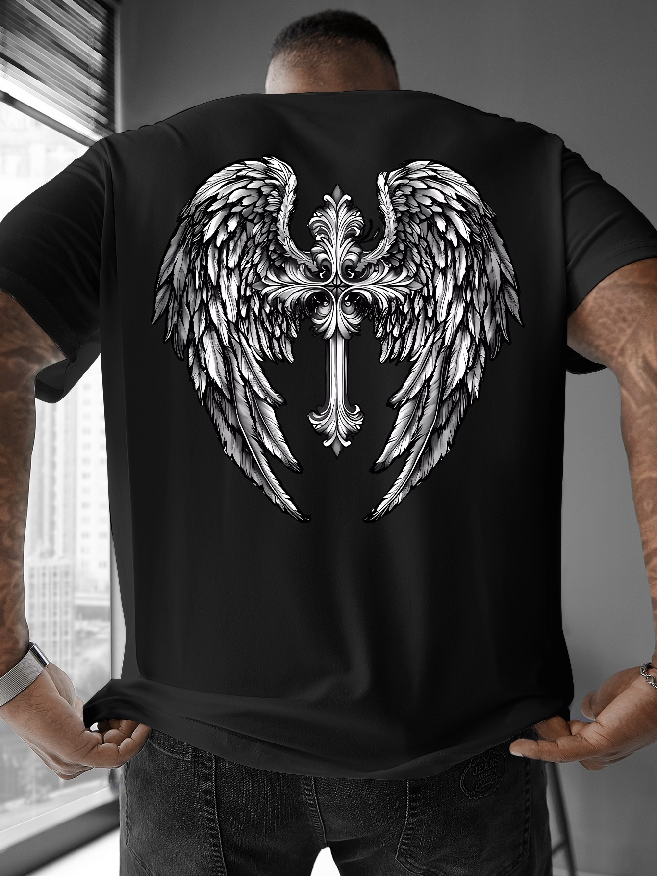 Men's Graphic T-Shirt Detailed Gothic Feathered Wings With Ornate Metal Cross Motif