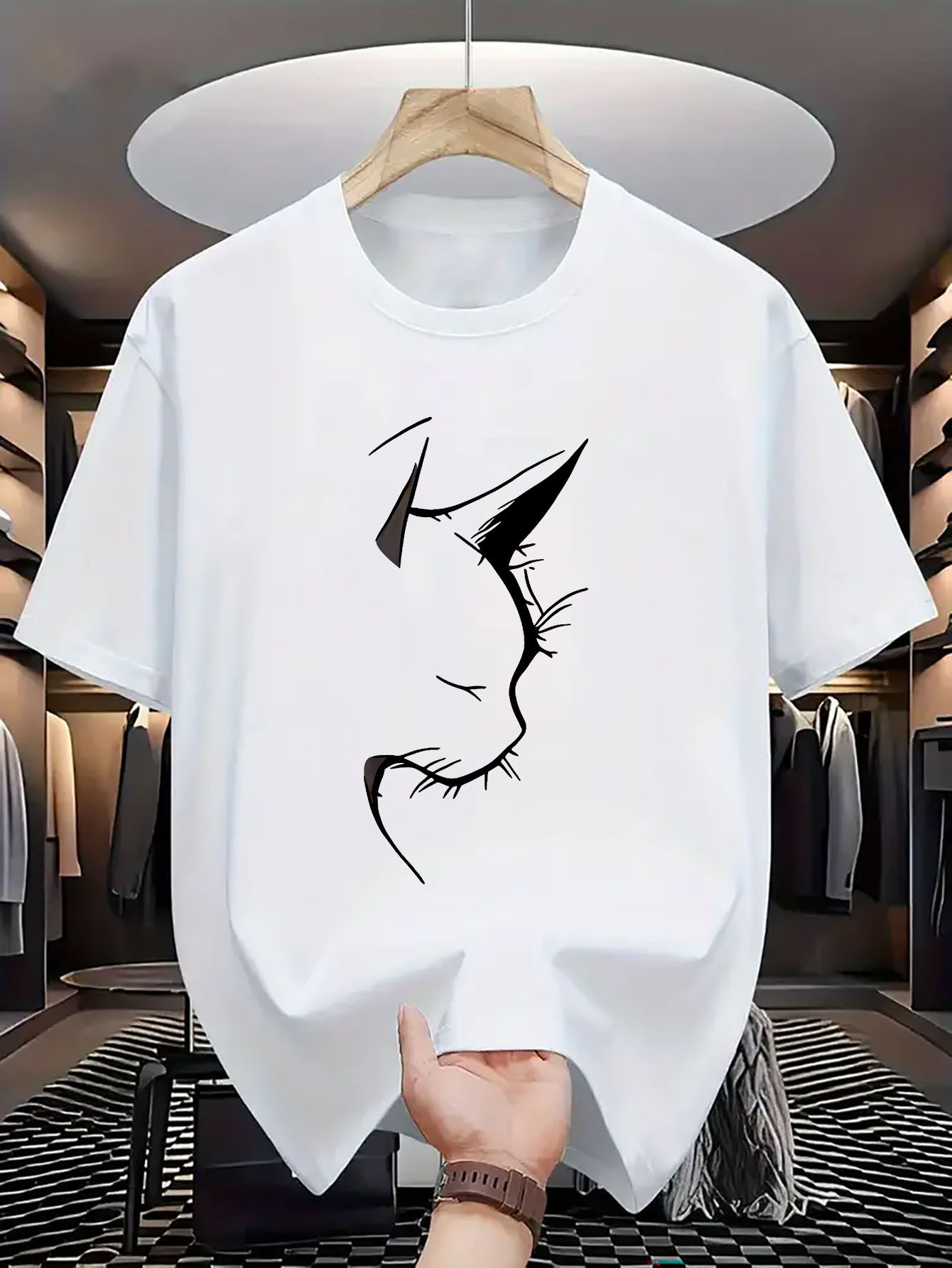 Men's Graphic T-Shirt Minimal Line Art With Closed Eyes And Whiskers Cat