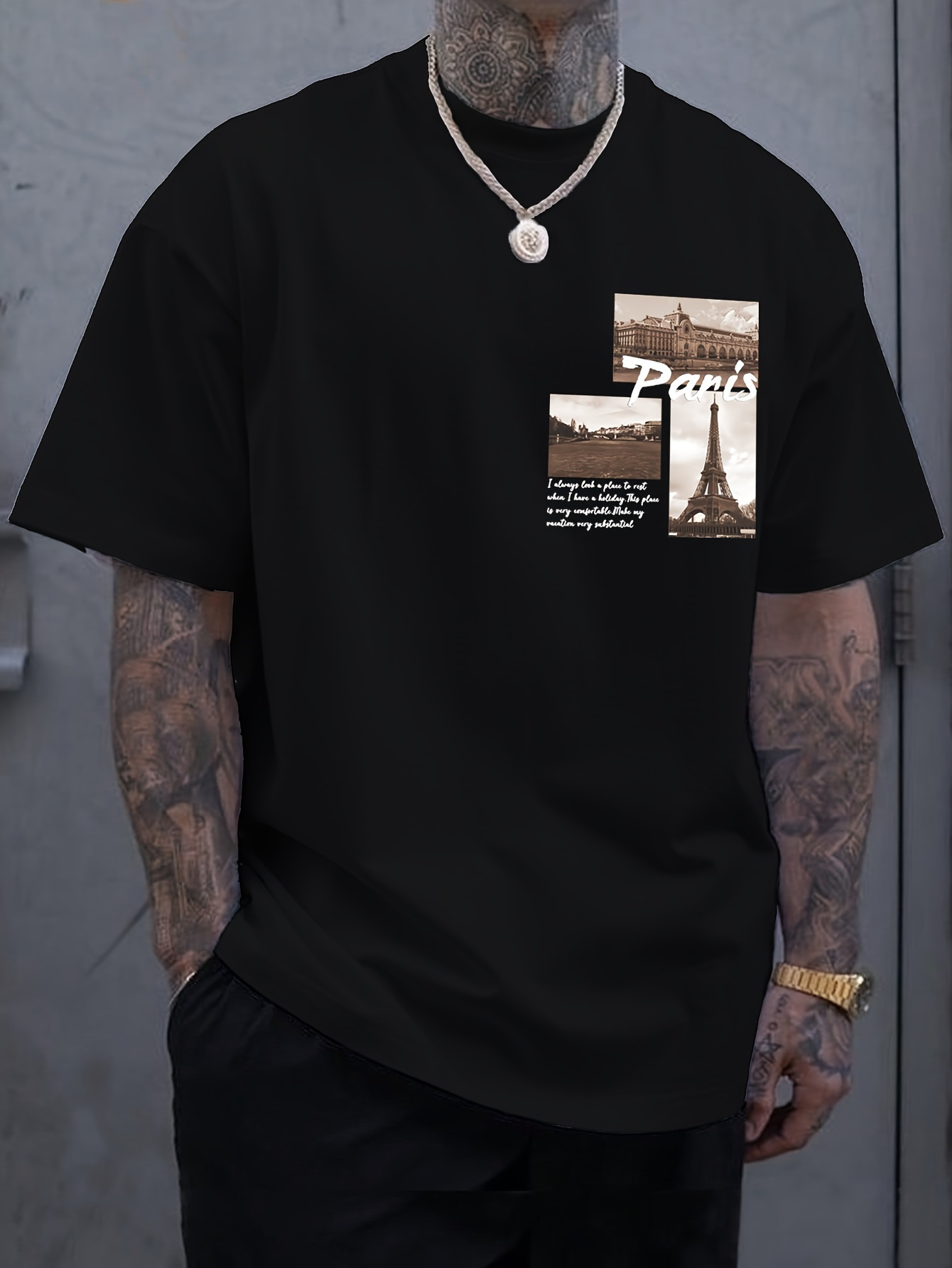 Men's Graphic T-Shirt Paris Text With Sepia Photo Postcards Surrounding The Eiffel Tower