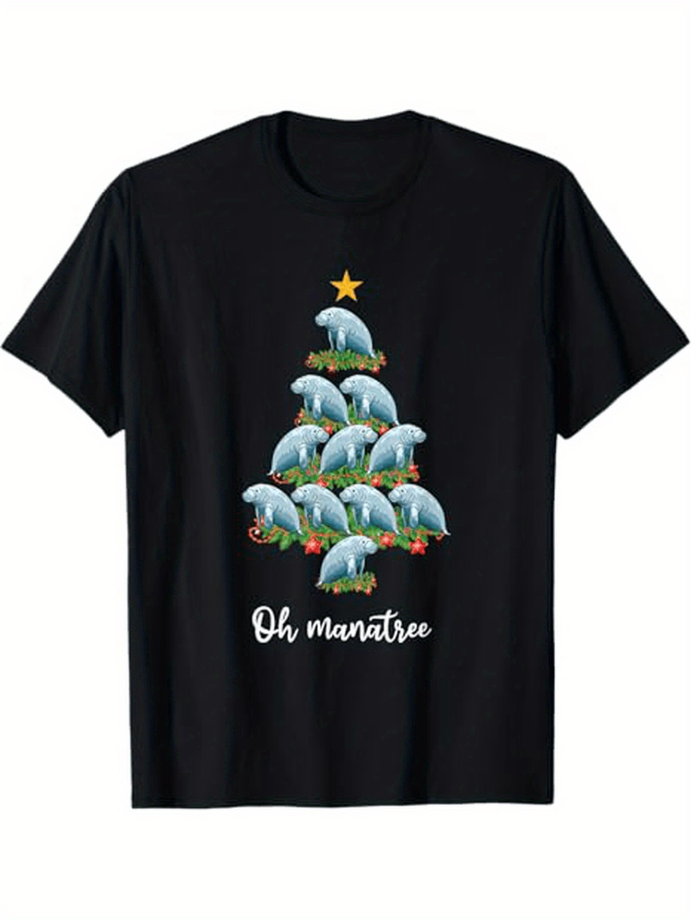 Men's Graphic T-Shirt Oh Manatee Christmas Tree With Whimsical Animals Stacked Under Festive Star