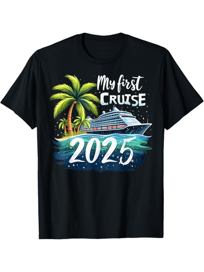 Men's Graphic T-Shirt My First Cruise 2025 Sunset Palm And Ocean Waves With Cruise Ship