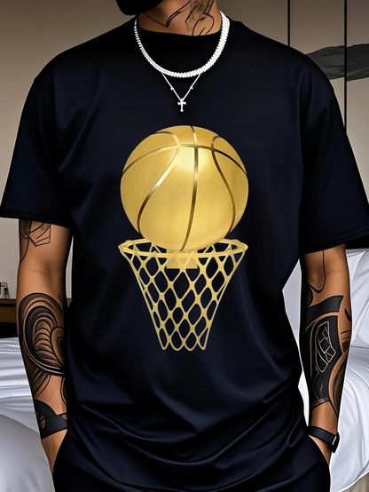 Men's Graphic T-Shirt Golden Basketball Above Net On Stylish Black T Shirt