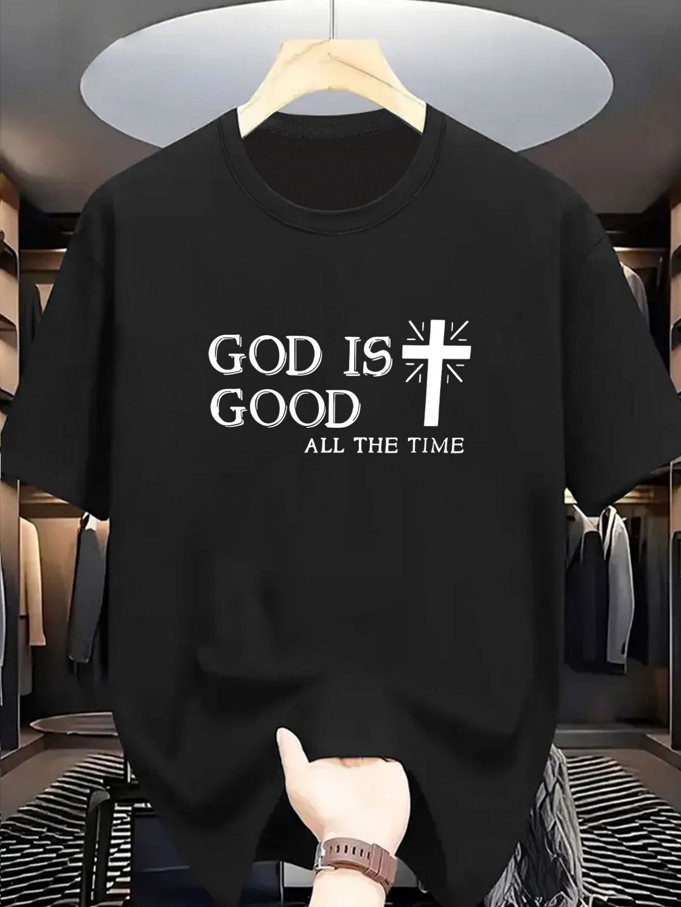 Men's Graphic T-Shirt God Is Good Bold White Text With Stylized Cross Graphic T Shirt