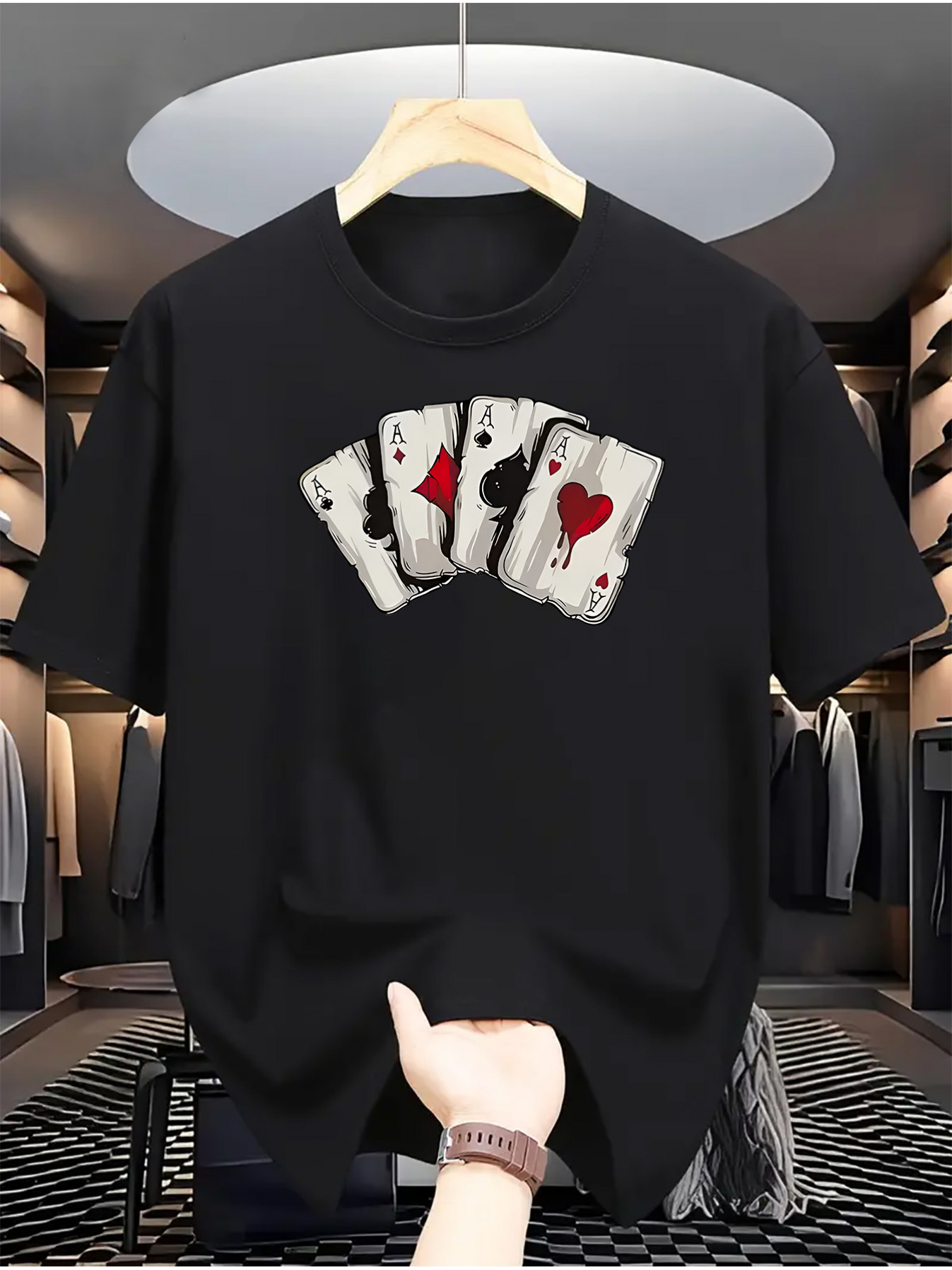 Men's Graphic T-Shirt Vintage Playing Card Suits With Grunge Detailing On Black Cotton Shirt