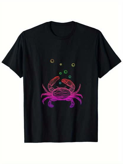 Men's Graphic T-Shirt Colorful Neon Crab Design With Floating Bubbles Among Deep Black Shirt Crab