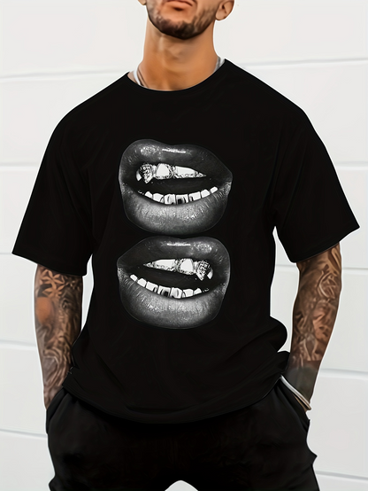 Men's Graphic T-Shirt Abstract Black And White Graphic Smiling Mouths With Shiny Teeth