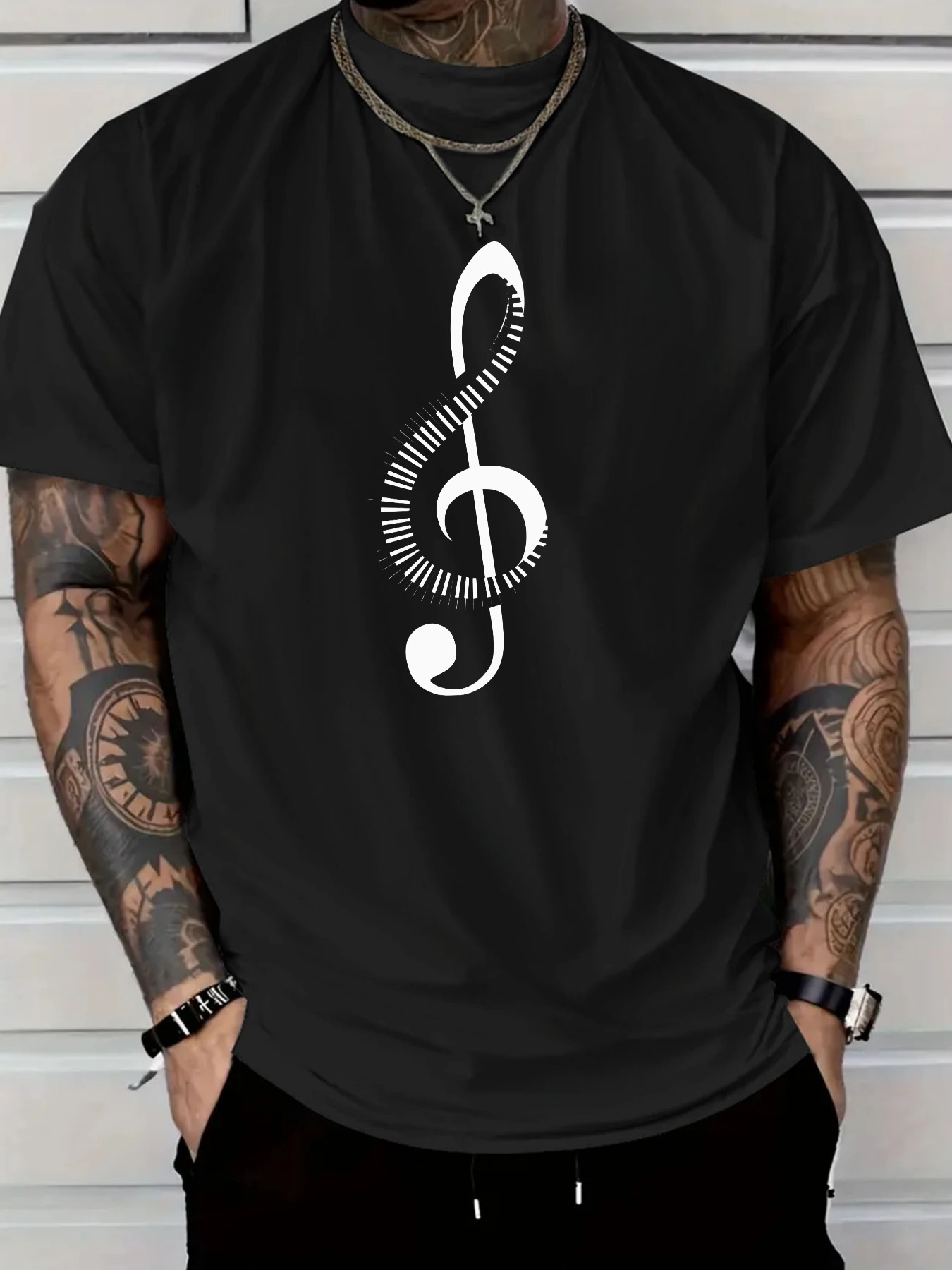 Men's Graphic T-Shirt Curved Keyboard Design Flowing On Treble Clef Symbol