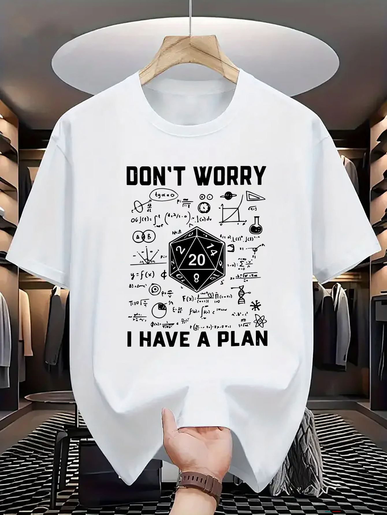 Men's Graphic T-Shirt Dont Worry I Have A Plan Twenty Sided Dice Surrounded By Game Formulas White T Shirt