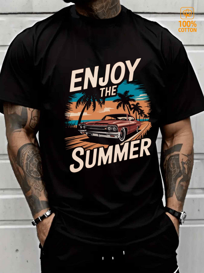 Men's Graphic T-Shirt Enjoy The Summer Vintage Car And Palm Trees With Sunset Beach Scene