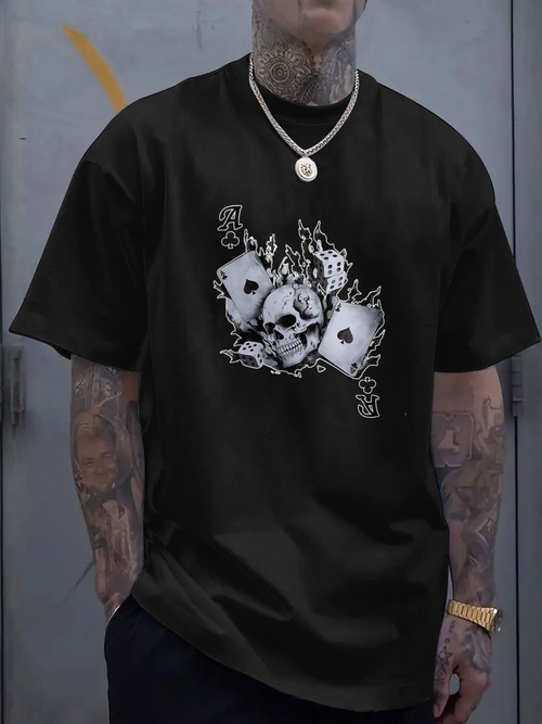 Men's Graphic T-Shirt Burning Card Suits With Dark Grunge Skull