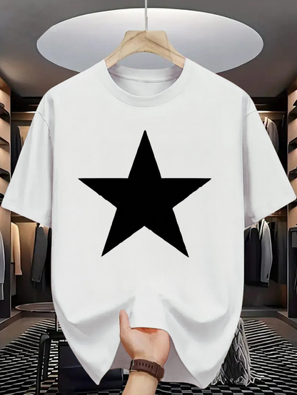 Men's Graphic T-Shirt Minimalist Statement Black Star On Crisp Clean White Shirt