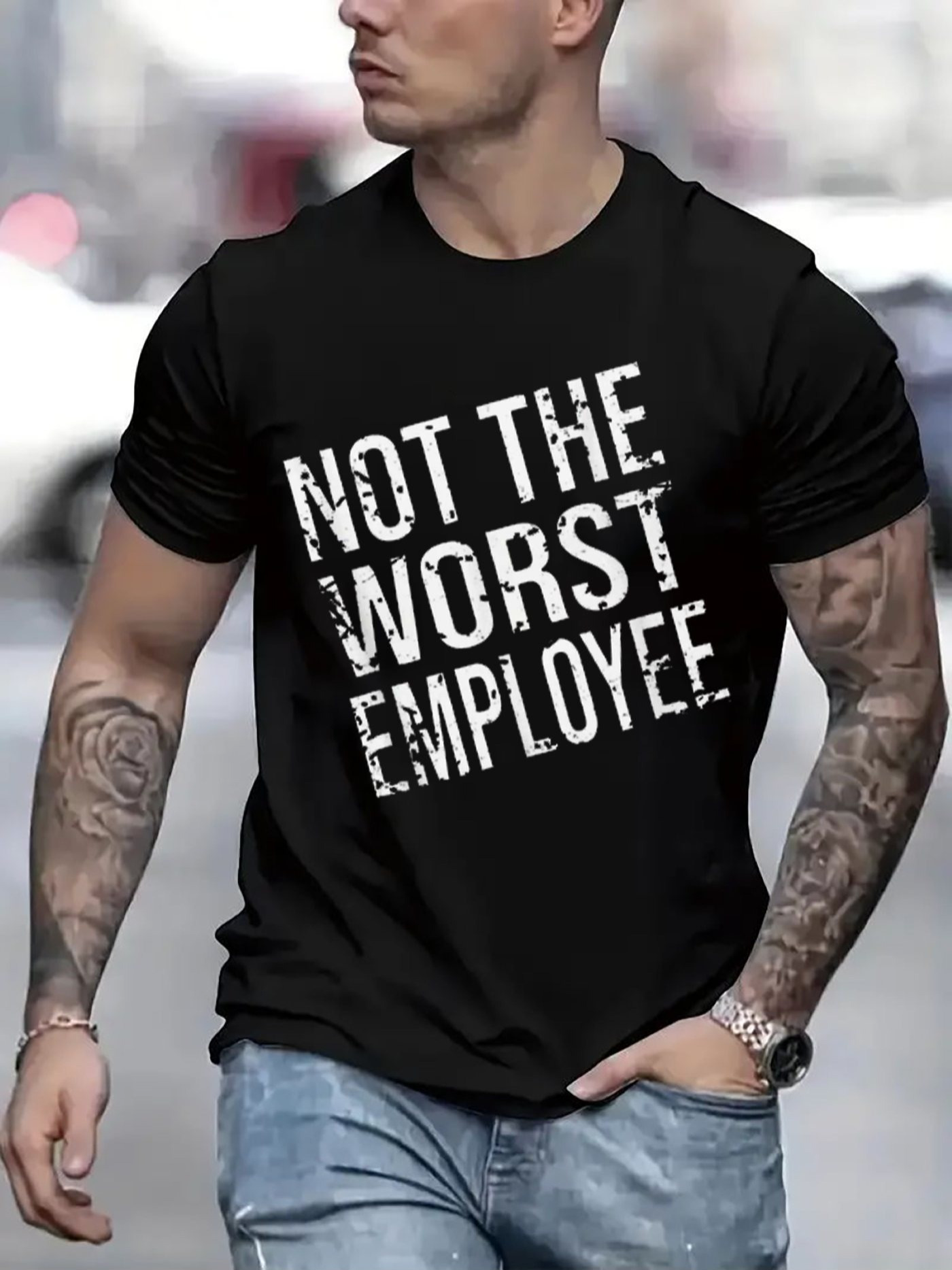 Men's Graphic T-Shirt Not The Worst Employee Worn Typeface On Casual Street Black Tshirt