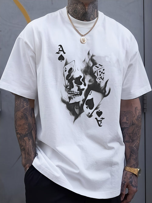 Men's Graphic T-Shirt Dark Smoky Flames With Playing Cards And Skull Ace