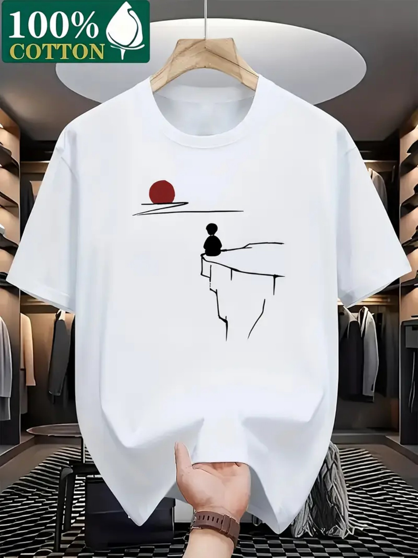 Men's Graphic T-Shirt Minimal Line Art Silhouette Sitting Under Setting Sun Cliff