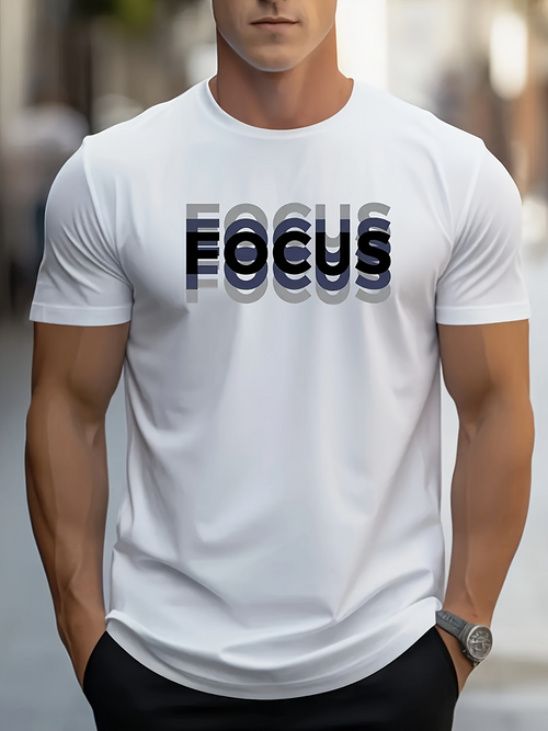 Men's Graphic T-Shirt Focus Overlapping Shadowed Black Lettering Typography Word