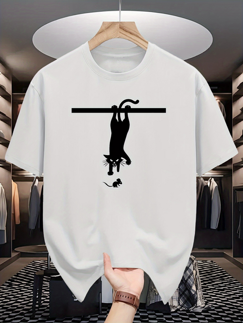 Men's Graphic T-Shirt Playful Cat Hanging With Curious Mouse Overhead Cat