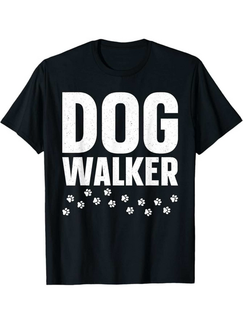 Men's Graphic T-Shirt Dog Walker Bold White Letters With Scattered Paw Prints Pattern T Shirt