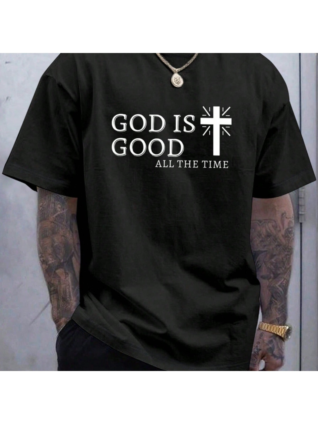 Men's Graphic T-Shirt God Is Good Cross Design With Simple White Graphic Text T Shirt
