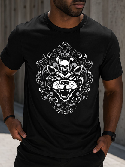 Men's Graphic T-Shirt Baroque Ornaments With Fierce Roaring Wolf And Ornamental Skull