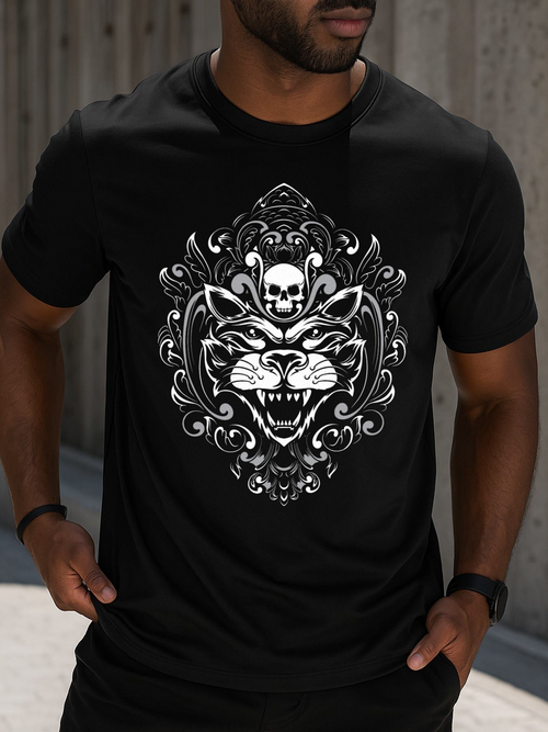 Men's Graphic T-Shirt Baroque Ornaments With Fierce Roaring Wolf And Ornamental Skull