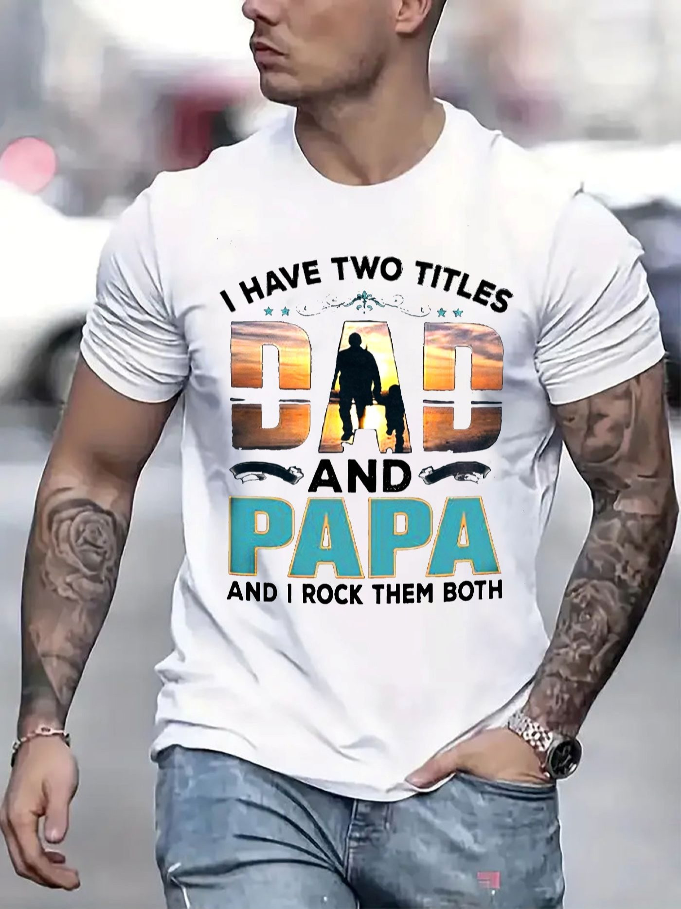 Men's Graphic T-Shirt I Have Two Titles With Sunset Shades Silhouette And Bold Father Papa Shirt
