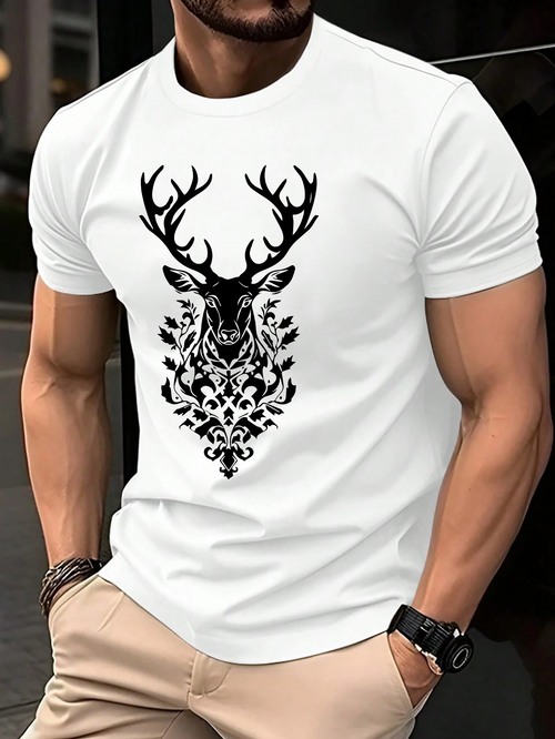 Men's Graphic T-Shirt Intricate Baroque Pattern Among Flourishing Leaves Majestic Deer