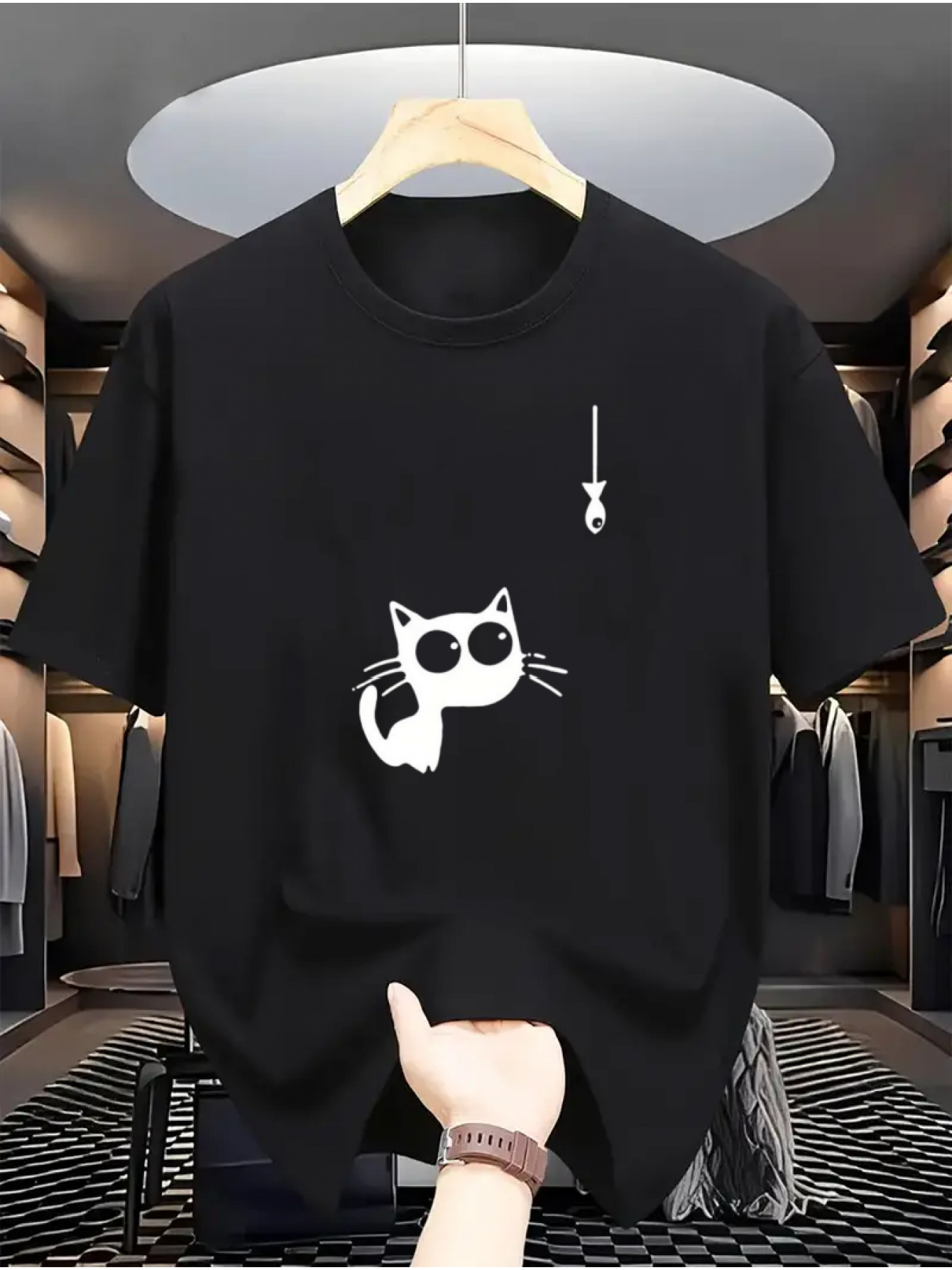 Men's Graphic T-Shirt Suspended Toy Mouse Above Playful Curious Cat