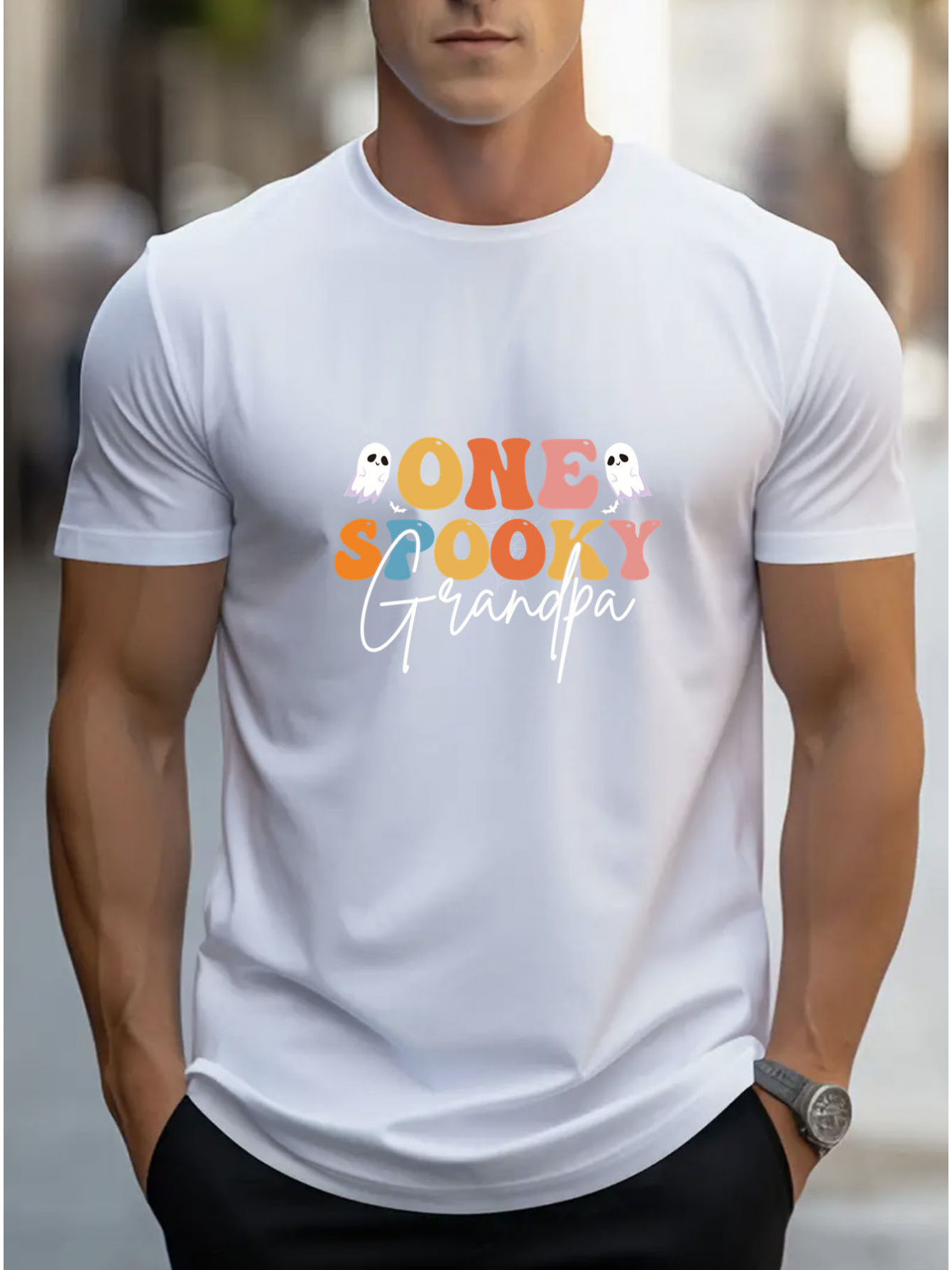 Men's Graphic T-Shirt One Spooky Grandpa With Little Cartoon Ghosts Colorful Letters