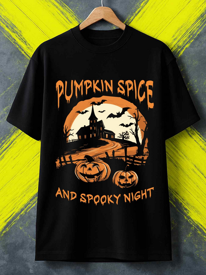 Men's Graphic T-Shirt Pumpkin Spice Night With Bats Shadows Haunted House Jack O Lantern Pumpkin