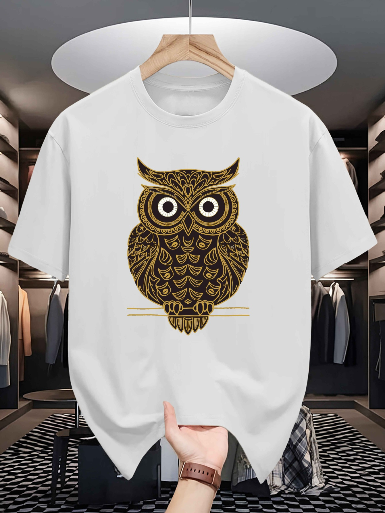 Men's Graphic T-Shirt Intricate Mandala Patterns With Gold Filigree Adorning A Wise Owl