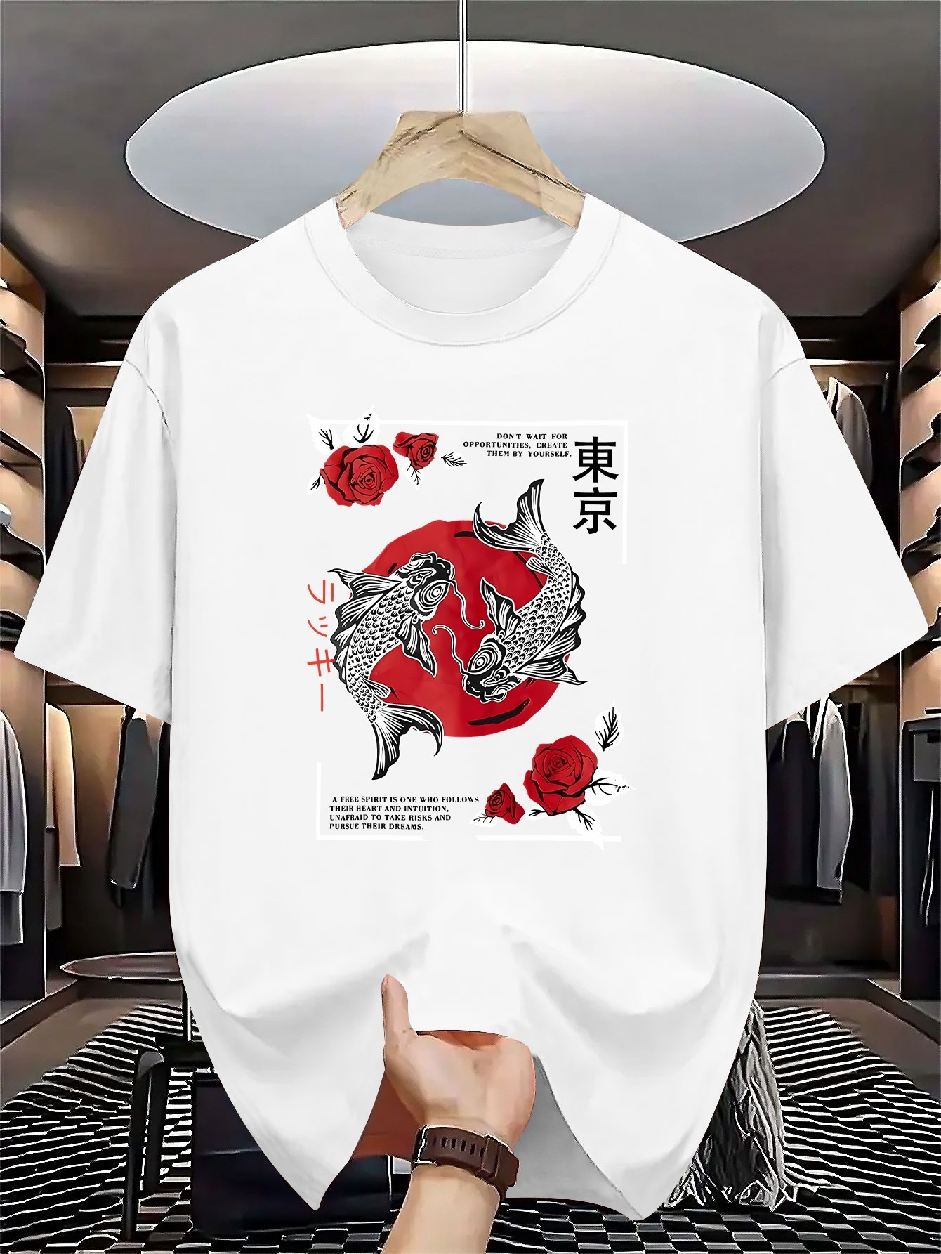 Men's Graphic T-Shirt Two Koi Fishes Swimming Among Red Blossoms Under Full Moon