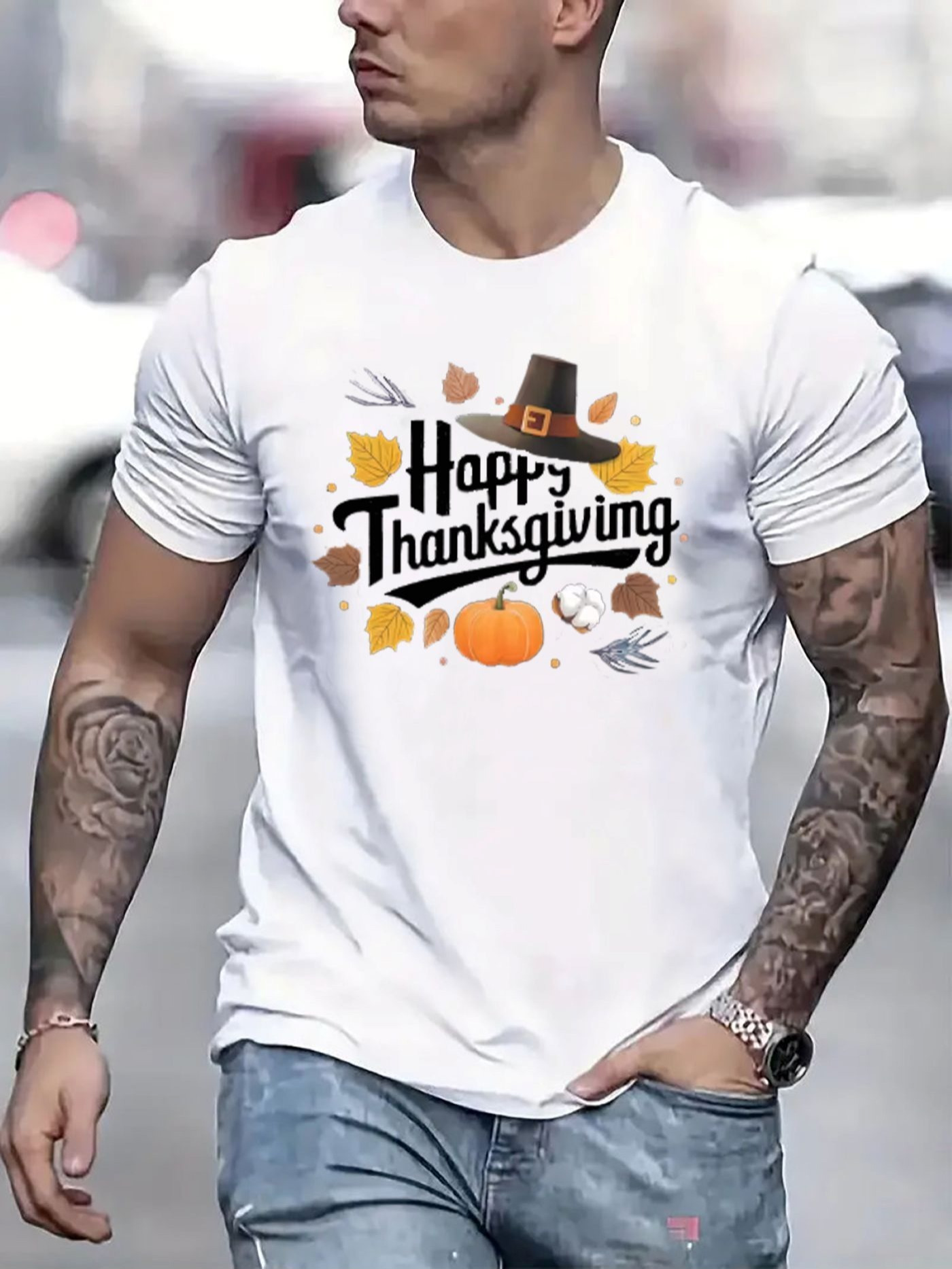 Men's Graphic T-Shirt Happy Thanksgiving Pumpkin Leaves And Pilgrim Hat Surrounded By Autumn Symbols