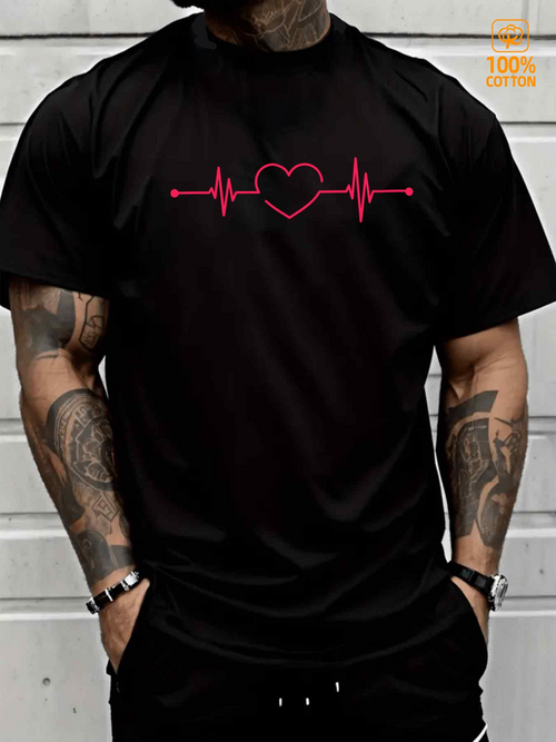 Men's Graphic T-Shirt Minimal Red Heartbeat Pulse Line With Heart Motif Centered Graphic