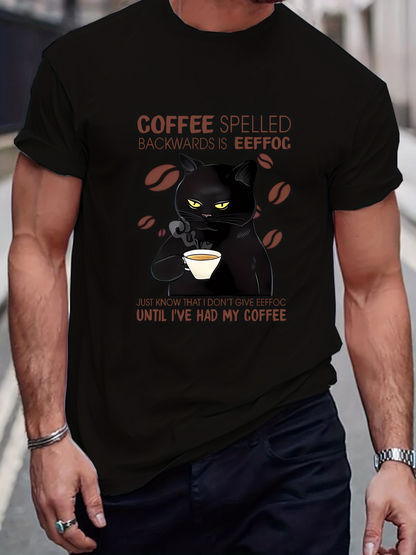 Men's Graphic T-Shirt Coffee Spelled Backwards With Glowing Eyed Black Cat Holding Cup