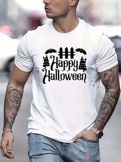 Men's Graphic T-Shirt Happy Halloween Haunted Castles With Flying Bats And Spooky Fence